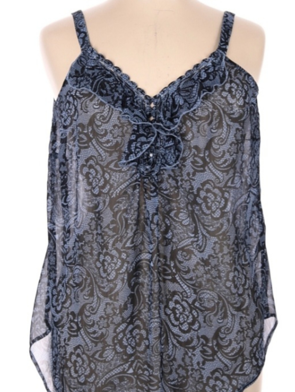 Sheer Navy Floral Lace-Trim Cami Tank Top Size 14/16 EUC